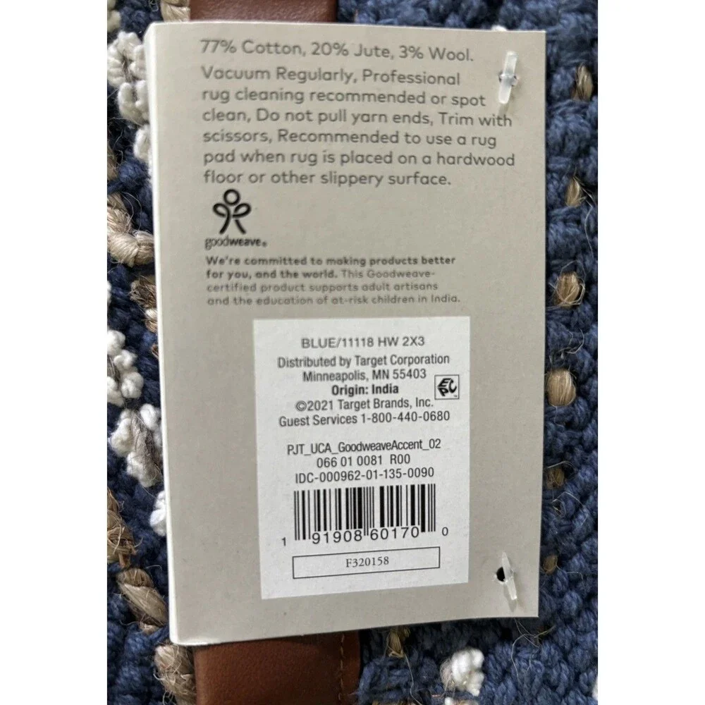 2'X3' Stripe Accent Rug Blue  Project 62™ Stripes, Vegan Leather Trim Target NWT